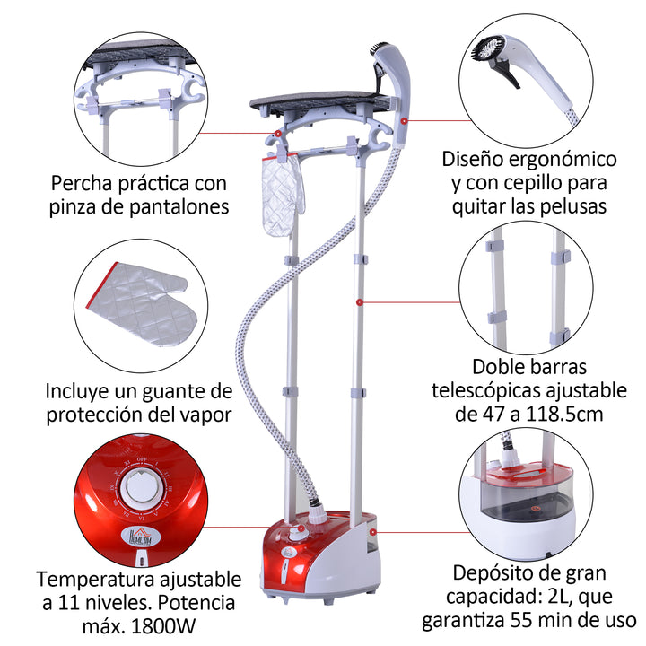 Escova de vapor de roupas temperatura 1800W ajustável a 11 níveis Barra dupla vertical com tanque de 2L em 38s de aquecimento