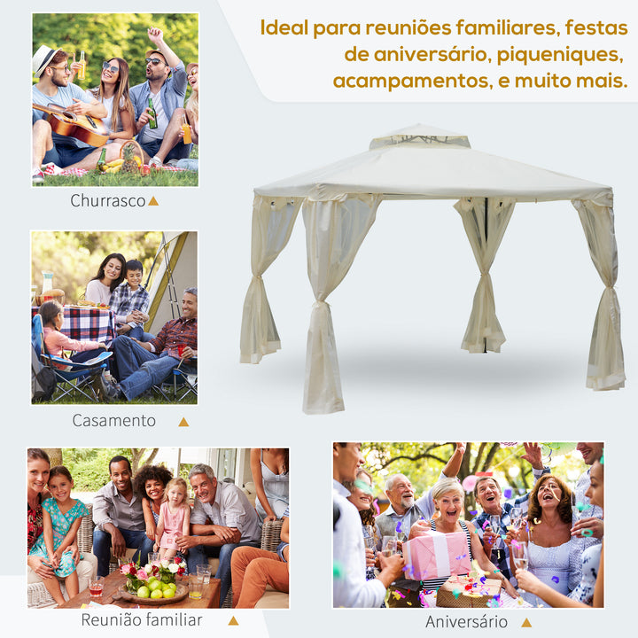 Pérgola de Jardim 3x3m Pérgola de Exterior com Duplo Teto de Ventilação 4 Cortinas Laterais 4 Orifícios de Drenagem e 4 Telas Mosquiteiras com Zíper para Festas Pátio Creme