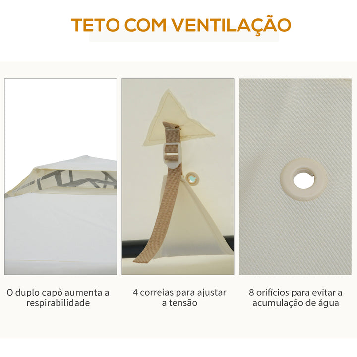 Pérgola de Jardim 3x3m Pérgola de Exterior com Duplo Teto de Ventilação 4 Cortinas Laterais 4 Orifícios de Drenagem e 4 Telas Mosquiteiras com Zíper para Festas Pátio Creme