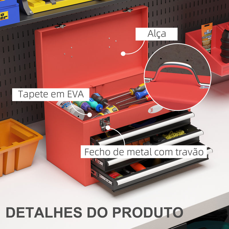 Caixa de Ferramentas de Aço Baú de Ferramentas Portátil com 2 Gavetas e 1 Caixa Superior e Alça para Oficina Garagem Casa 45x24x27 cm Vermelho