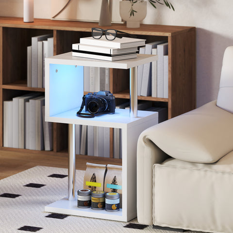 Mesa Auxiliar com Luz LED de 3 Níveis Mesa Auxiliar Moderna com Forma de S Prateleiras Abertas e Estrutura em Alumínio para Sala Quarto 44x38x75 cm Branco