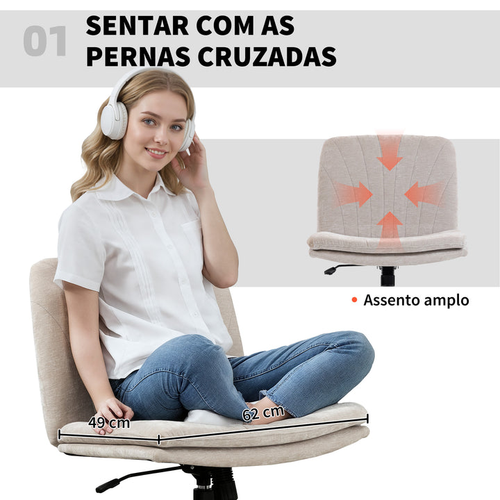 Cadeira de Escritório Pernas Cruzadas Cadeira de Secretária com Assento Largo sem Apoios de Braço Rodas Altura Ajustável Giratória Função Basculante Estofada em Chenille Bege