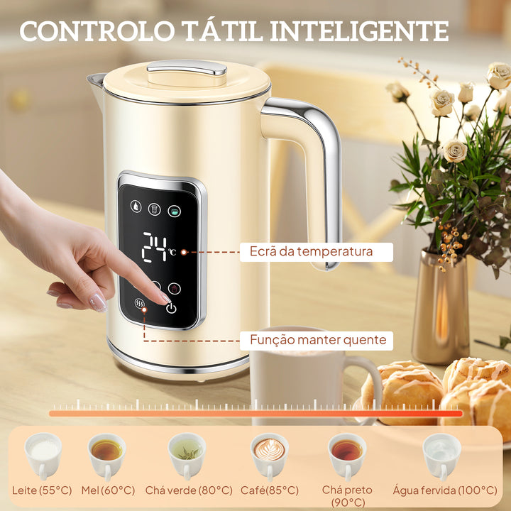 Fervedor de Água 1,7L 3000W Função Manter Quente Torradeira de Pão com Fenda Larga para 2 Fatias 6 Níveis de Tostagem Conjunto Pequeno-Almoço com Ecrã LED Táctil Creme