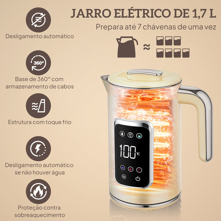 Fervedor de Água 1,7L 3000W Função Manter Quente Torradeira de Pão com Fenda Larga para 2 Fatias 6 Níveis de Tostagem Conjunto Pequeno-Almoço com Ecrã LED Táctil Creme