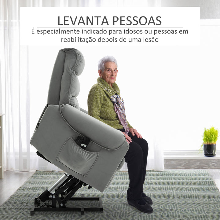 Poltrona de Massagem Relax Poltrona Levanta Pessoas com Reclinação Elétrica em até 135° com Controle Remoto e 8 Zonas de Massagem Estofado em Veludo e Acolchoada 79x97x103cm Cinza