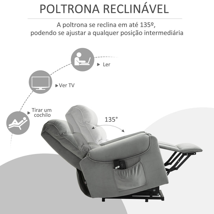 Poltrona de Massagem Relax Poltrona Levanta Pessoas com Reclinação Elétrica em até 135° com Controle Remoto e 8 Zonas de Massagem Estofado em Veludo e Acolchoada 79x97x103cm Cinza