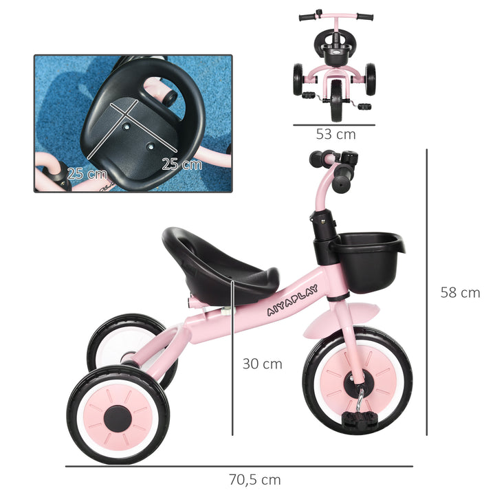 Triciclo para Crianças de 2 a 5 anos Triciclo Infantil com Assento Ajustável Cesta Buzina e Pedais e 3 Rodas Carga Máxima 25 kg 70,5x50x58 cm Rosa