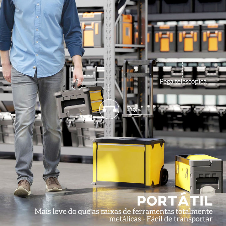 Caixa de Ferramentas Empilhável 3 em 1 Caixa de Ferramentas com Rodas Carro de Ferramentas de Aço com Bandeja e Cabo Telescópico 52x32x72 cm Amarelo e Preto