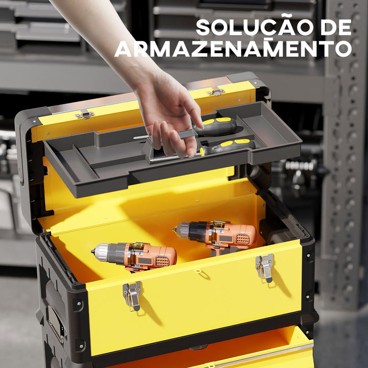 Caixa de Ferramentas Empilhável 3 em 1 Caixa de Ferramentas com Rodas Carro de Ferramentas de Aço com Bandeja e Cabo Telescópico 52x32x72 cm Amarelo e Preto