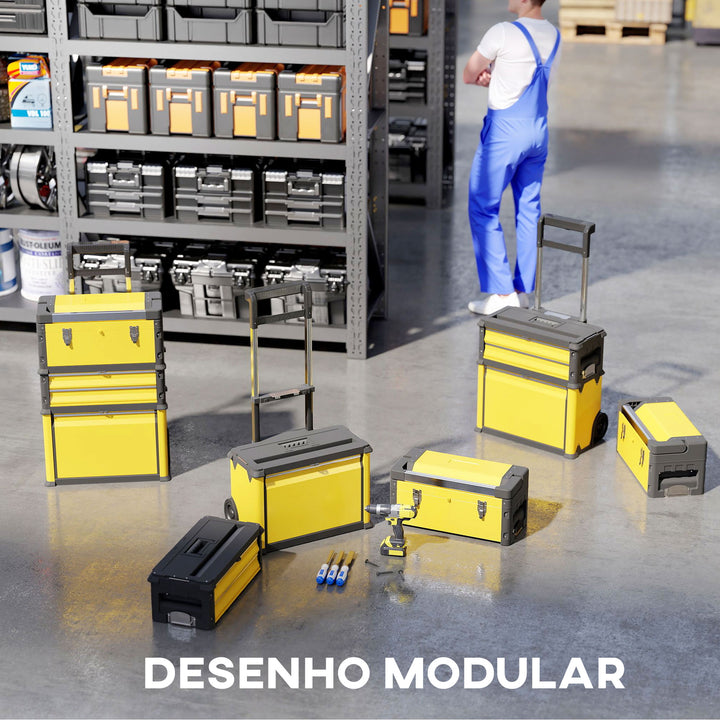 Caixa de Ferramentas Empilhável 3 em 1 Caixa de Ferramentas com Rodas Carro de Ferramentas de Aço com Bandeja e Cabo Telescópico 52x32x72 cm Amarelo e Preto