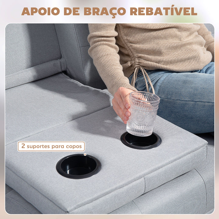 Sofá Cama 3 Lugares Sofá Cama Dobrável com Encosto Ajustável de 3 Níveis Apoio para os Braços Desmontável e 2 Suportes para Copos 181x77x78 cm Cinza Claro