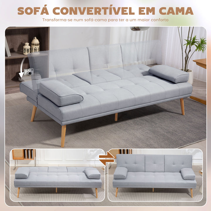 Sofá Cama 3 Lugares Sofá Cama Dobrável com Encosto Ajustável de 3 Níveis Apoio para os Braços Desmontável e 2 Suportes para Copos 181x77x78 cm Cinza Claro