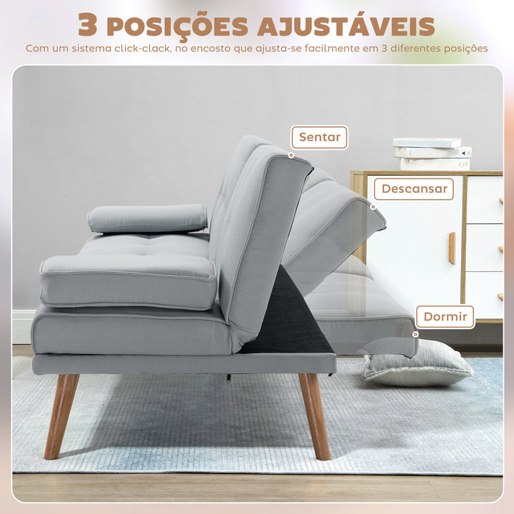 Sofá Cama 3 Lugares Sofá Cama Dobrável com Encosto Ajustável de 3 Níveis Apoio para os Braços Desmontável e 2 Suportes para Copos 181x77x78 cm Cinza Claro