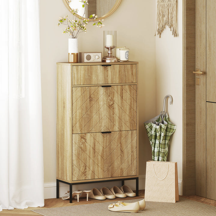 Sapateira Estreita com 2 Portas Sapateira para Entrada com Gaveta e Prateleiras Ajustáveis para 8 Pares de Sapatos 60x24x105,5 cm Madeira