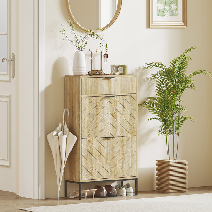 Sapateira Estreita com 2 Portas Sapateira para Entrada com Gaveta e Prateleiras Ajustáveis para 8 Pares de Sapatos 60x24x105,5 cm Madeira