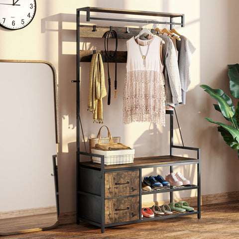 Móvel Cabide de Entrada 6 em 1 com Banco Móvel de Entrada com 10 Ganchos Ajustáveis 2 Gavetas Barra para Pendurar Estilo Industrial para Corredor 100x40x180 cm Castanho Rústico