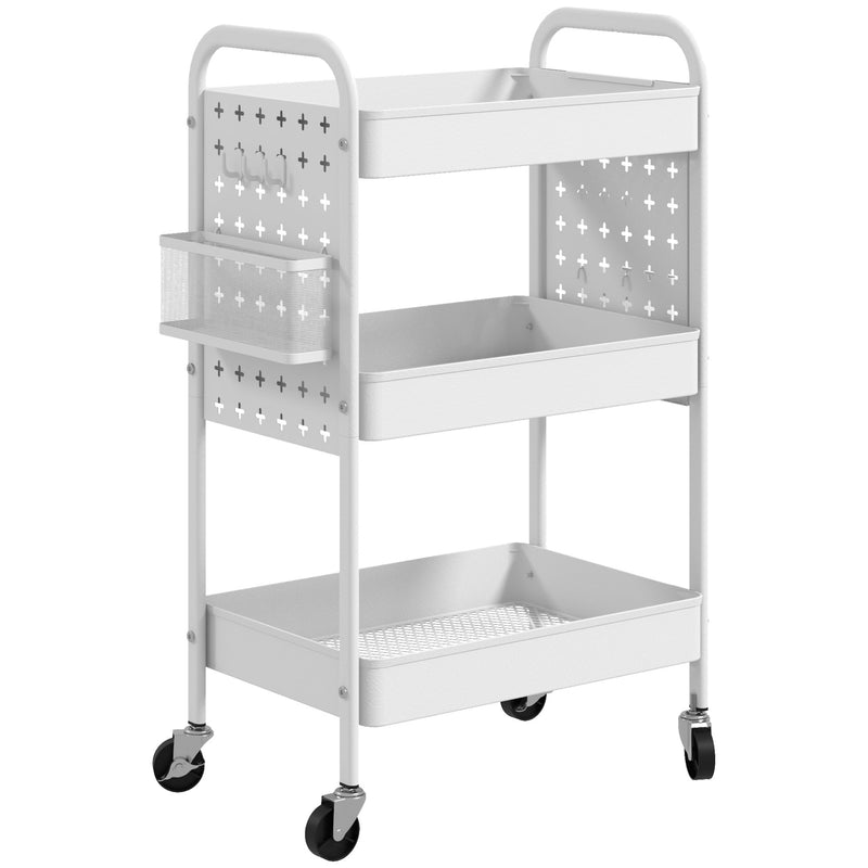 Carrinho Auxiliar com Rodas de Aço Carrinho de Armazenamento com 3 Bandejas 2 Cestos Pendurados e 6 Ganchos para Sala Cozinha Casa de Banho 53,5x30,5x75 cm Branco