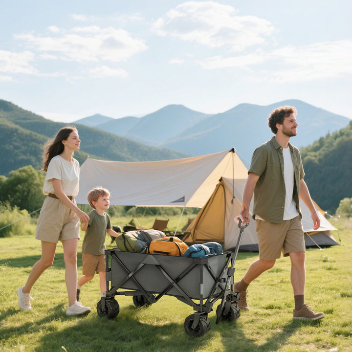 Carrinho de Transporte Dobrável com Rodas Giratórias 360° e Guiador Ajustável 59-89 cm para Campismo Praia 108x55x61-91 cm Cinza Escuro
