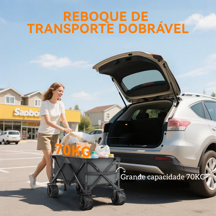 Carrinho de Transporte Dobrável com Rodas Giratórias 360° e Guiador Ajustável 59-89 cm para Campismo Praia 108x55x61-91 cm Cinza Escuro