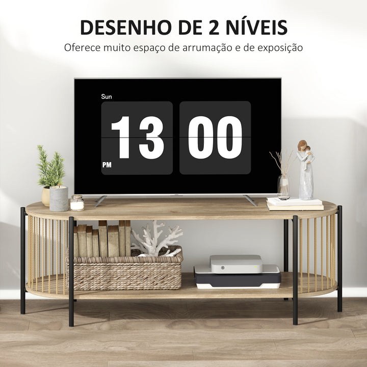 Móvel de TV Estilo Boémio Móvel de TV até 55 Polegadas com Detalhes em Corda de Papel e 2 Prateleiras Abertas para Sala de Estar Quarto 124x43,5x41 cm Madeira