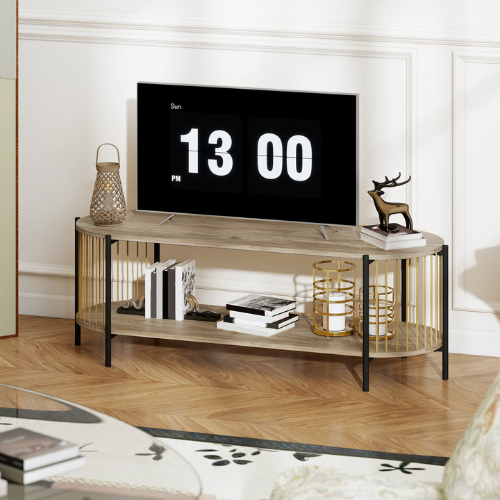Móvel de TV Estilo Boémio Móvel de TV até 55 Polegadas com Detalhes em Corda de Papel e 2 Prateleiras Abertas para Sala de Estar Quarto 124x43,5x41 cm Madeira
