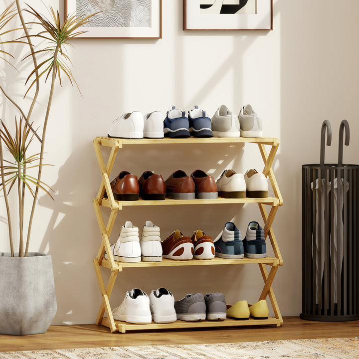 Sapateira Estreita de Bambu Sapateira Vertical Dobrável de 4 Níveis Sem Instalação Prateleira para Sapatos para Entrada Corredor Quarto 60x29x67 cm Madeira