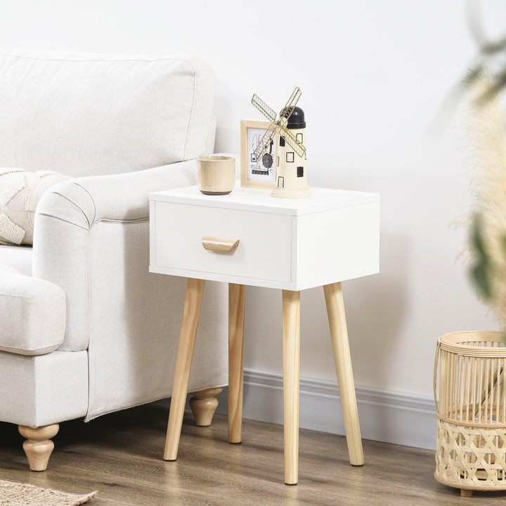 Conjunto de 2 Mesas de Cabeceira com Gaveta e Pés de Madeira para Dormitório Sala de Estar Escritório Estilo Moderno 40,5x30,5x60cm Branco e Madeira