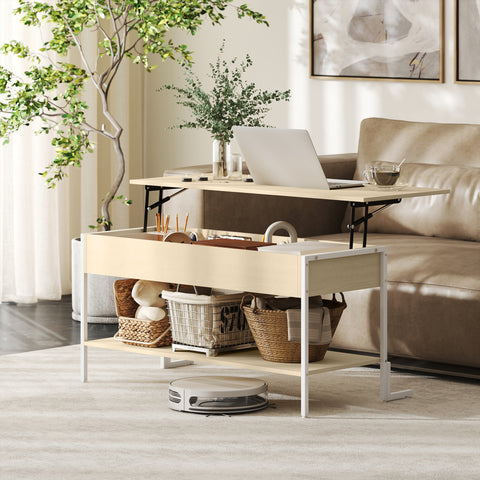 Mesa de Centro Elevatória Mesa de Café com Fecho Suave Espaço Oculto de Arrumação e Prateleira Aberta 95x40x59 cm Madeira e Branco