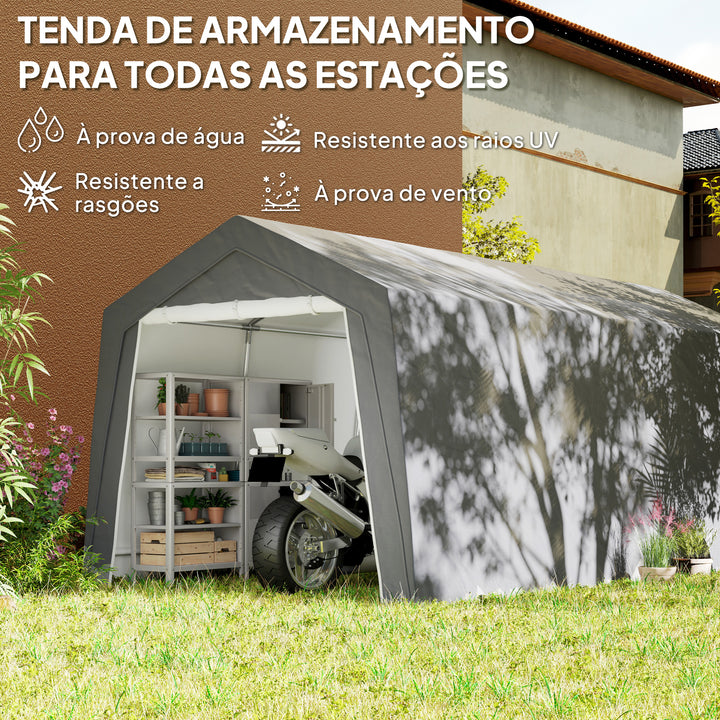 Abrigo de Jardim Exterior 300x597x257 cm Tenda de Armazenamento com Porta Enrolável para Motas Bicicletas e Ferramentas de Jardim Cinzento