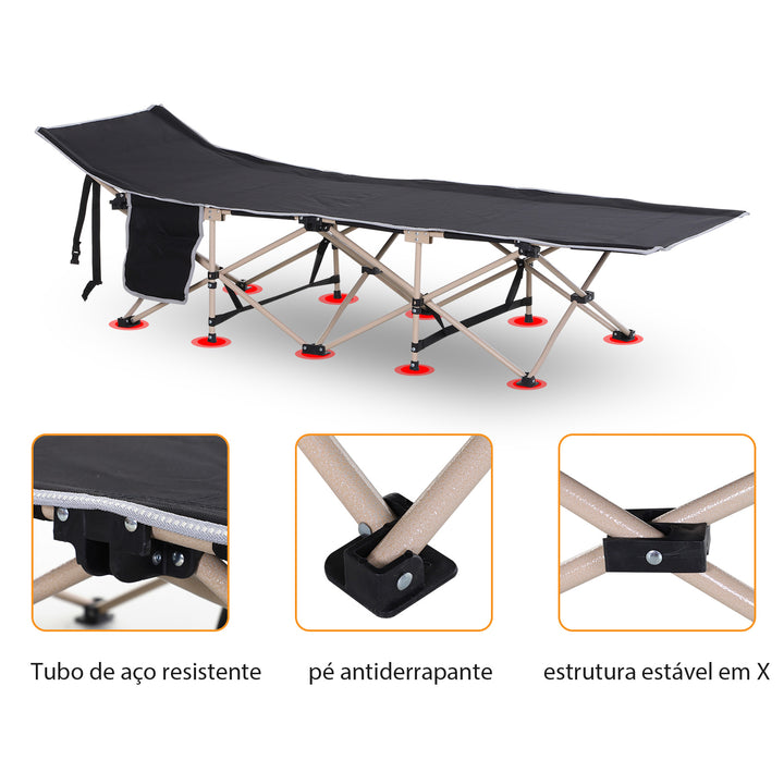 Cama de Campismo Dobrável Cama de Campismo com 1 Bolso Lateral Bolsa de Transporte e Estrutura de Aço Carga Máxima 150 kg para Praia Trilha 190x68x52 cm Preto