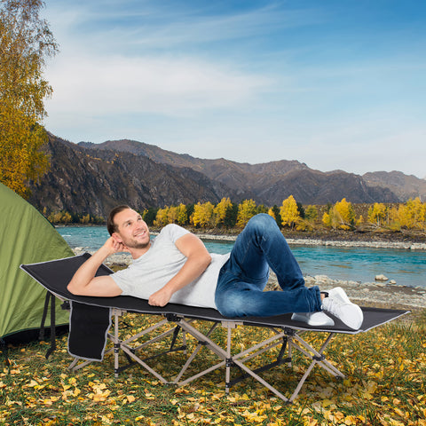 Cama de Campismo Dobrável Cama de Campismo com 1 Bolso Lateral Bolsa de Transporte e Estrutura de Aço Carga Máxima 150 kg para Praia Trilha 190x68x52 cm Preto