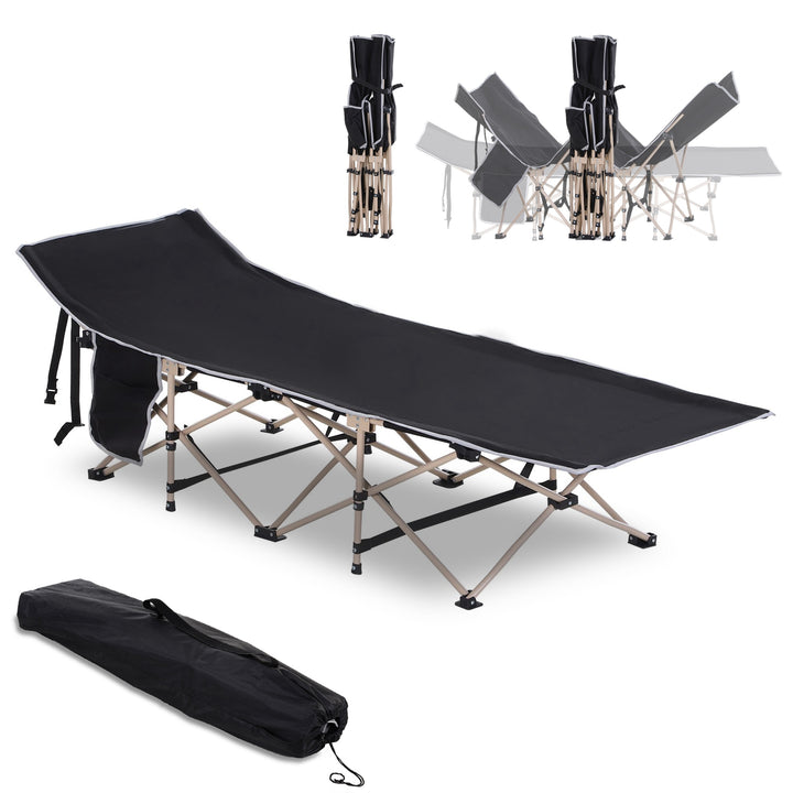 Cama de Campismo Dobrável Cama de Campismo com 1 Bolso Lateral Bolsa de Transporte e Estrutura de Aço Carga Máxima 150 kg para Praia Trilha 190x68x52 cm Preto