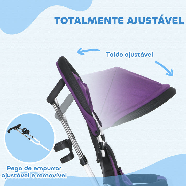 Triciclo para Bebés 2 em 1 Triciclo Evolutivo para Crianças de +12 Meses com Toldo Dobrável Guiador Telescópico e Removível Cinto de Segurança e Cesto 95x50x106 cm Roxo