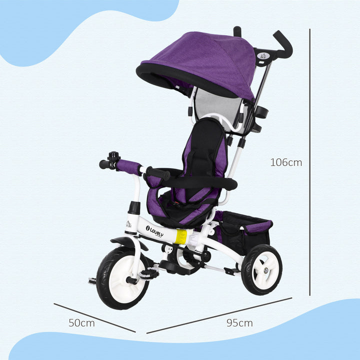 Triciclo para Bebés 2 em 1 Triciclo Evolutivo para Crianças de +12 Meses com Toldo Dobrável Guiador Telescópico e Removível Cinto de Segurança e Cesto 95x50x106 cm Roxo