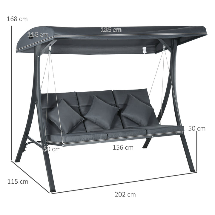Baloiço de Jardim de 3 Lugares com Toldo Ajustável, Almofadas, Estrutura de Aço, Ideal para Terraço e Jardim, Capacidade de 320 kg, Cinzento (202x115x168 cm)