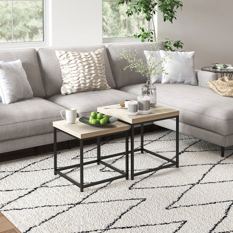 Conjunto de 2 Mesas de Centro Mesas Ninho Modernas Mesas Auxiliares com Pés de Aço para Sala Quarto Escritório Carvalho