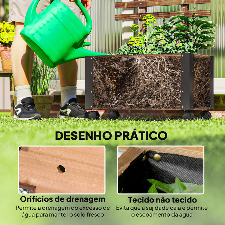 Floreira Exterior de Madeira Floreira com Treliça para Plantas Trepadeiras Tecido não Tecido Rodas e Cantos Metálicos de Dupla Camada para Pátio Varanda 65x31x147 cm Madeira