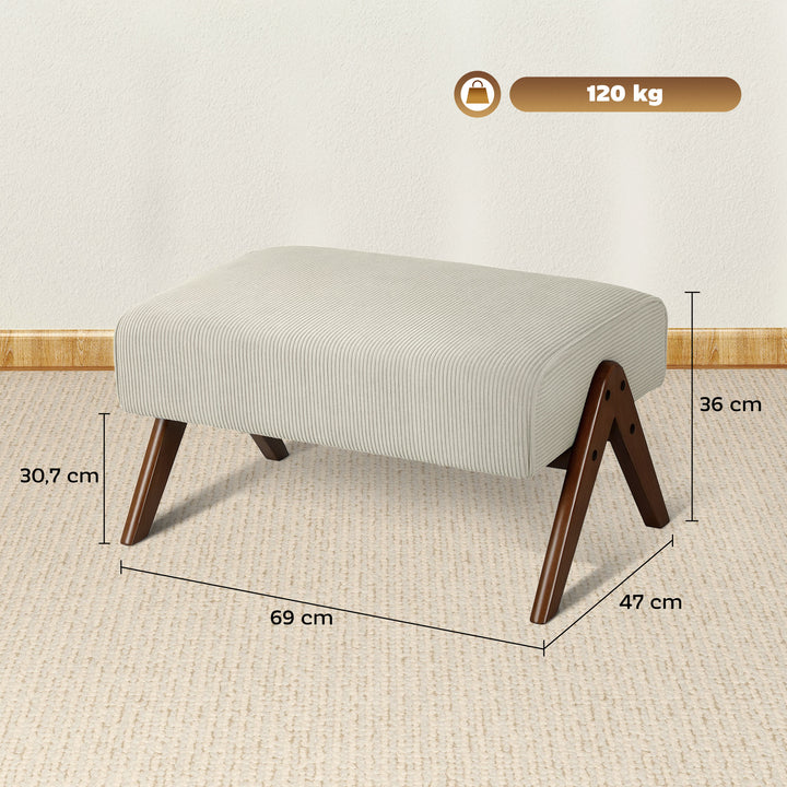 Apoio para Pés para Sala Banco Baixo Estofado em Veludo Otomana Retangular com Assento Almofadado e Pés de Madeira para Sala de Estar Quarto 69x47x36 cm Bege