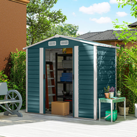 Abrigo de Jardim Exterior 2,36m² 213x120x194 cm Abrigo de Exterior com Base Reforçada (Piso NÃO Incluído) Portas de Correr Duplas Fechadura Janelas Verde