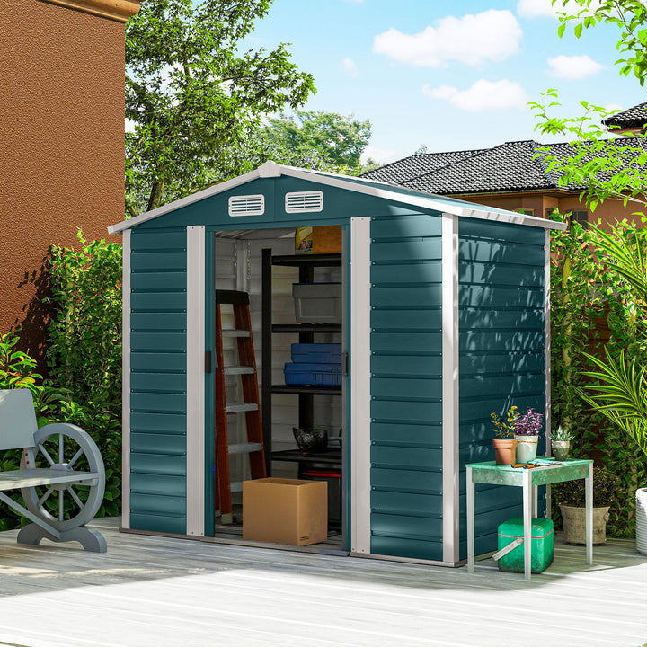 Abrigo de Jardim Exterior 2,36m² 213x120x194 cm Abrigo de Exterior com Base Reforçada (Piso NÃO Incluído) Portas de Correr Duplas Fechadura Janelas Verde