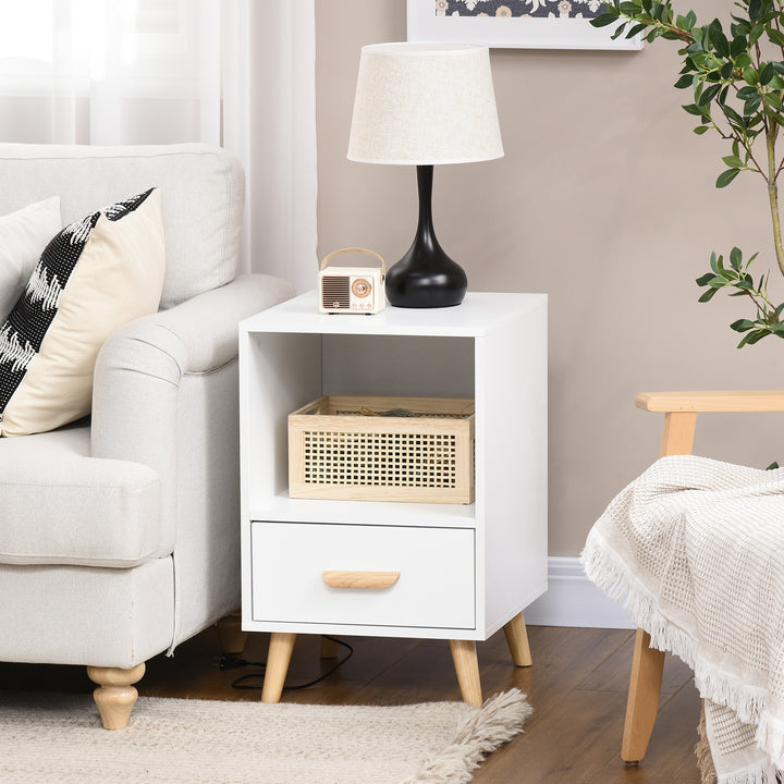Mesa de Cabeceira Mesa Auxiliar Moderna com 1 Gaveta e Compartimento de Armazenamento para Dormitório Sala de Estar 40x40x62cm Branco e Madeira
