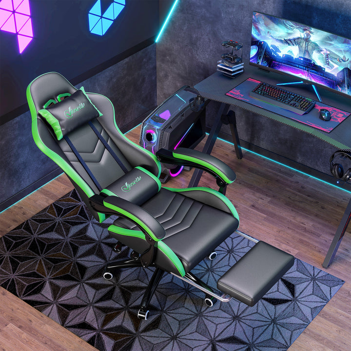 Cadeira Gaming Reclinável até 135° com Suporte Lombar Altura Ajustável Almofada de Cabeça e Apoio para os Pés Retrátil 65x65x121-129 cm Preto e Verde
