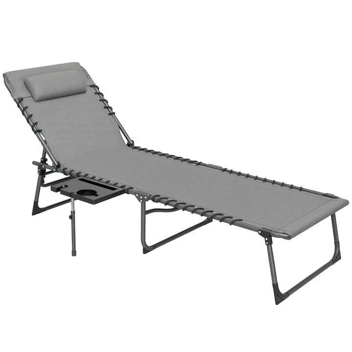 Espreguiçadeira Dobrável Espreguiçadeira Jardim com Encosto Ajustável Apoio de Cabeça Bolsa Lateral Bandeja e Estrutura de Aço Carga 120 kg para Terraço Piscina Praia 190x60x31 cm Cinza