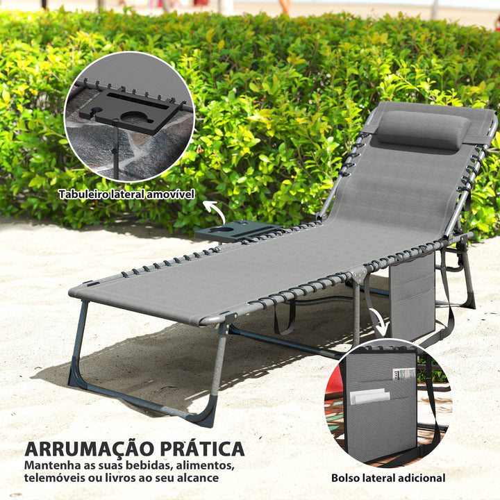 Espreguiçadeira Dobrável Espreguiçadeira Jardim com Encosto Ajustável Apoio de Cabeça Bolsa Lateral Bandeja e Estrutura de Aço Carga 120 kg para Terraço Piscina Praia 190x60x31 cm Cinza