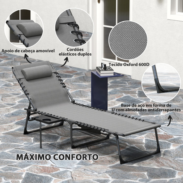 Espreguiçadeira Dobrável Espreguiçadeira Jardim com Encosto Ajustável Apoio de Cabeça Bolsa Lateral Bandeja e Estrutura de Aço Carga 120 kg para Terraço Piscina Praia 190x60x31 cm Cinza