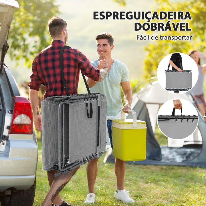 Espreguiçadeira Dobrável Espreguiçadeira Jardim com Encosto Ajustável Apoio de Cabeça Bolsa Lateral Bandeja e Estrutura de Aço Carga 120 kg para Terraço Piscina Praia 190x60x31 cm Cinza