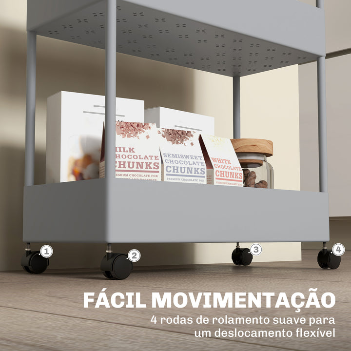 Carrinho Auxiliar com Rodas Carrinho de Armazenamento com 4 Cestas e 4 Ganchos Amovíveis para Cozinha Casa de Banho Sala de Estar 40x19x90 cm Cinzento