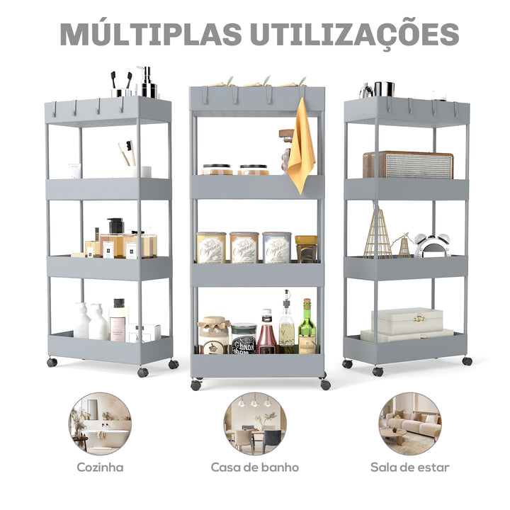 Carrinho Auxiliar com Rodas Carrinho de Armazenamento com 4 Cestas e 4 Ganchos Amovíveis para Cozinha Casa de Banho Sala de Estar 40x19x90 cm Cinzento