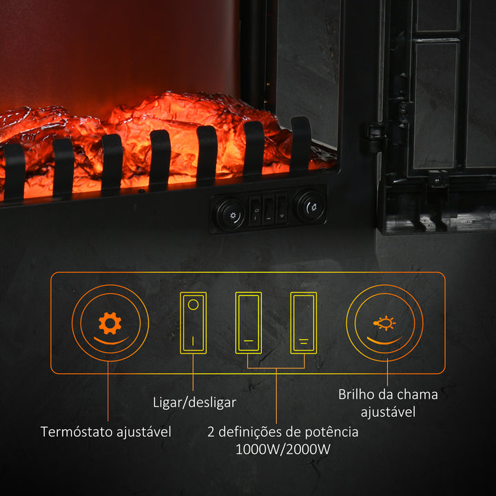 Lareira Elétrica 1000W/2000W Lareira Elétrica Decorativa com Luzes LED Chamas Realistas e Proteção Contra Superaquecimento para 15-20 ? 60x37x60,5 cm Preto