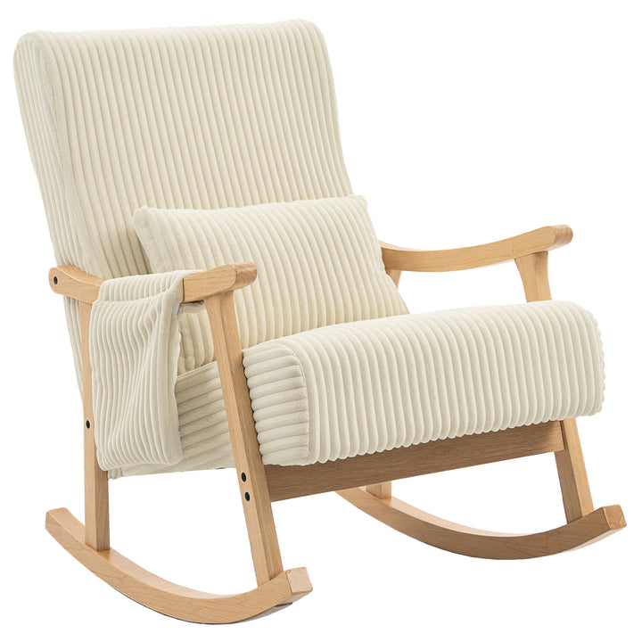 Cadeira de Baloiço, Cadeira de Veludo Cotelê com Almofada Lombar, Pés e Braços em Madeira, Assento Largo, Bolso Lateral, Estilo Moderno, Cadeira de Relaxamento, Suporta até 120 kg, para Quarto ou Sala, Bege